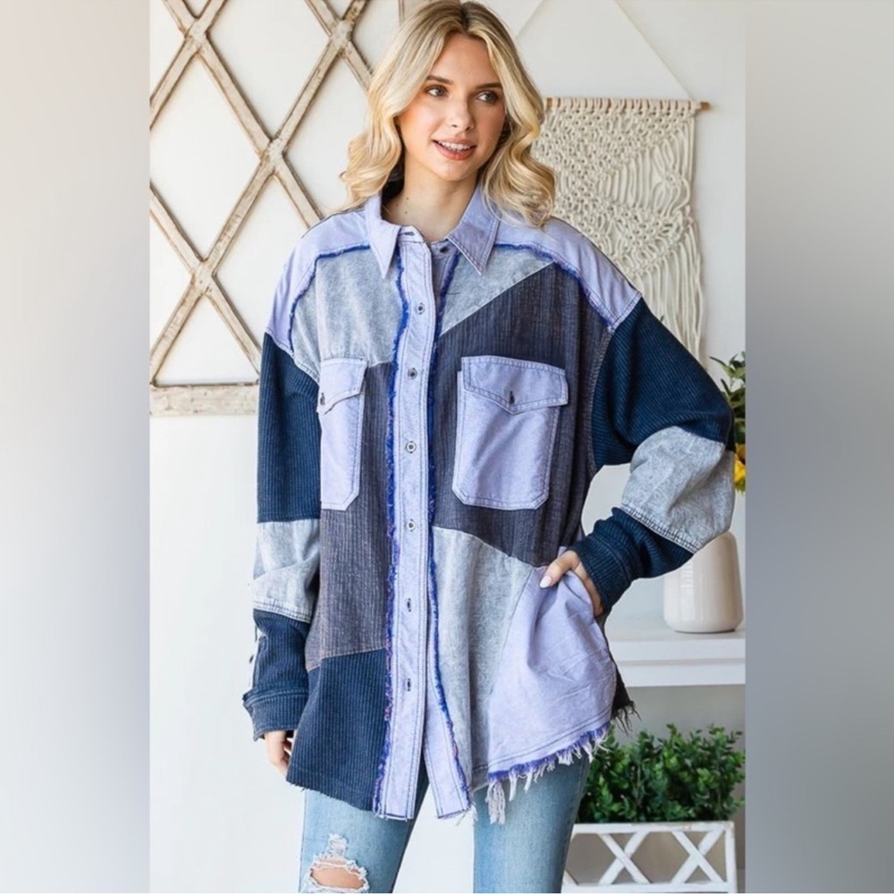 Oli & Hali Washed Mixed Fabric Button-Up Shirt